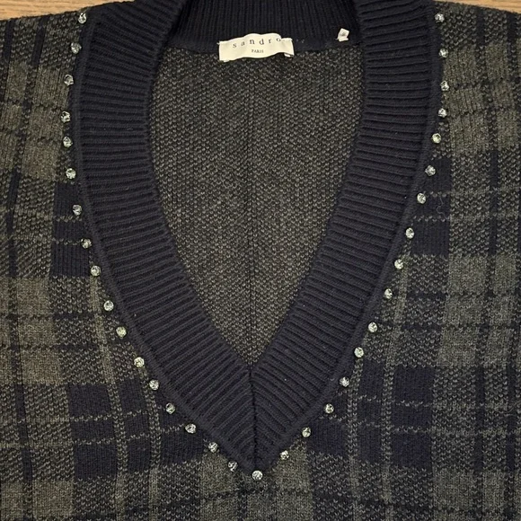 Sandro Paris plaid sweater with embellished neckline